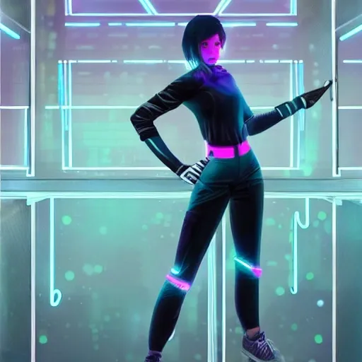 Sci-fi,short hair, athletic,, nylon short, sweater, cyberpunk, young girl, lovely eyes, urban environment, tennis shoes, full body, cloth with glowlights. high gloves, detailed, futuristic, character design, cool girl wearing cyber punk sport outfit