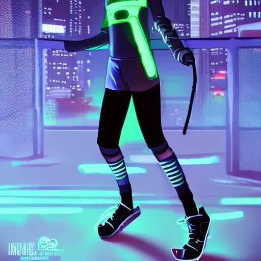 Sci-fi,short hair, athletic,, nylon short, sweater, cyberpunk, young girl, lovely eyes, urban environment, tennis shoes, full body, cloth with glowlights. high gloves, detailed, futuristic, character design, cool girl wearing cyber punk sport outfit, futuristic, anime