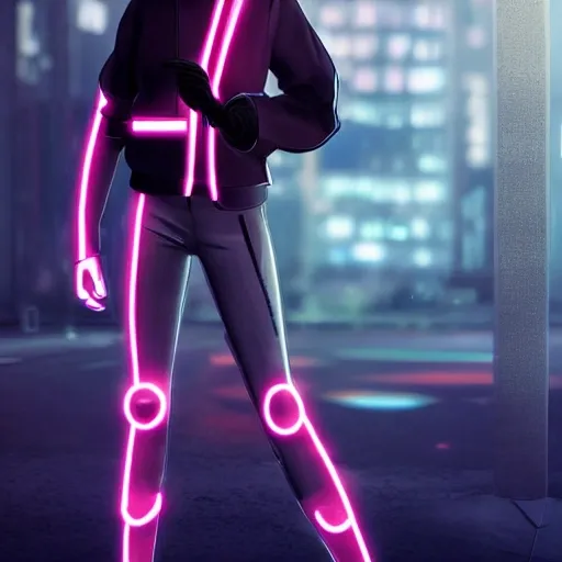 Sci-fi,short hair, athletic,, nylon short, sweater, cyberpunk, young girl, lovely eyes, urban environment, tennis shoes, full body, cloth with glowlights. high gloves, detailed, futuristic, character design, cool girl wearing cyber punk sport outfit, futuristic, anime, 80´s vibe