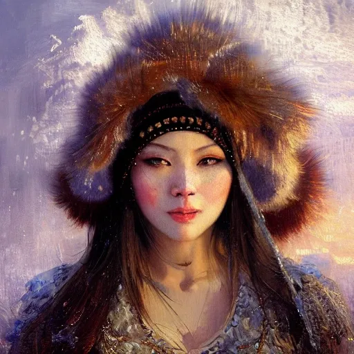 female siberian Russian concubine with slim curvy body, wearing a ushanka, at night, 1400s, painting by gaston bussiere, greg rutkowski, yoji shinkawa, yoshitaka amano, tsutomu nihei, donato giancola, tim hildebrandt, oil on canvas, {full body shot:from behind shot:looking over shoulder}, traditional russian clothing, trending on artstation, featured on pixiv, cinematic composition, extreme detail, metahuman creator, (best quality:1.4), ((masterpiece)), ((realistic)), (detailed), portrait_of_exotic_girls, seductive_smile, (((sexy))), godrays, dust in the air