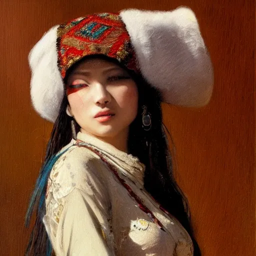 female siberian Russian concubine with slim curvy body, wearing a ushanka, at night, 1400s, painting by gaston bussiere, greg rutkowski, yoji shinkawa, yoshitaka amano, tsutomu nihei, donato giancola, tim hildebrandt, oil on canvas, {full body shot:from behind shot:looking over shoulder}, traditional russian clothing, trending on artstation, featured on pixiv, cinematic composition, extreme detail, metahuman creator, (best quality:1.4), ((masterpiece)), ((realistic)), (detailed), portrait_of_exotic_girls, seductive_smile, (((sexy))), godrays, dust in the air