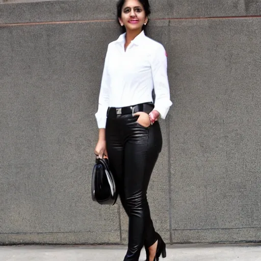 Indian office girl in white shirt and black shiny leather jeans 