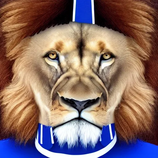 realistic portrait male Lion wearing a blue white marching band uniform playing marching contra
