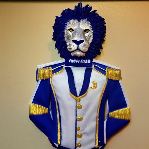 realistic portrait male marching Lion wearing a blue white marching band uniform playing marching contra
