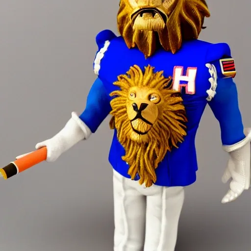 realistic portrait male marching Lion wearing a blue white marching band uniform playing marching contra
, 3D