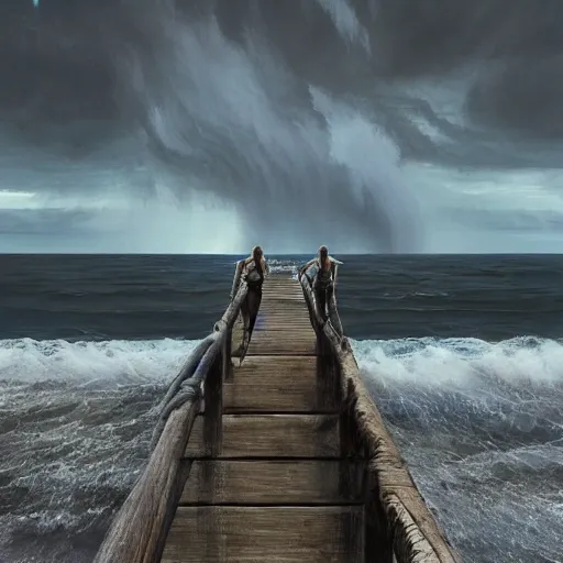 Massive storm brewing in the sea, wooden old jetty extending from the beach, gorgeous beautiful tall alien witch with long hair standing on the jetty, detailed, hyper realistic, wearing only heels, standing on a jetty, greg rutkowski, 4k, Oil Painting