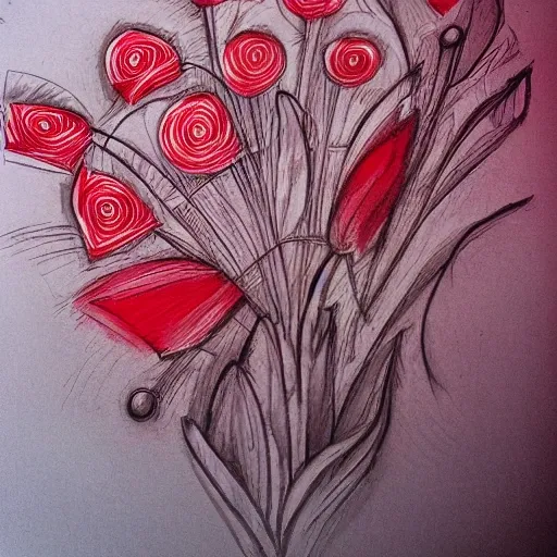 flowers red color, 3D, Pencil Sketch, Trippy