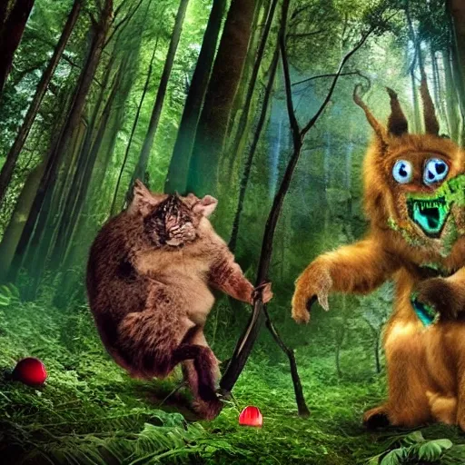 foret enchantée d'animaux psychédélique d'un autre monde avec des lutins bucherons attaqué par des monstres bizarres, Trippy