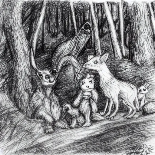 foret enchantée, animaux psychédéliques, des lutins bucherons ,attaque de monstres bizarres, , Pencil Sketch