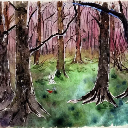 foret enchantée, animaux psychédéliques, des lutins bucherons ,attaque de monstres bizarres,, Water Color