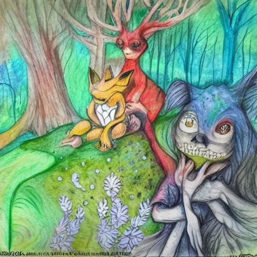 foret enchantée, animaux psychédéliques, des lutins bucherons ,attaque de monstres bizarres,, Water Color, Pencil Sketch, 3D, Cartoon, Trippy, Oil Painting