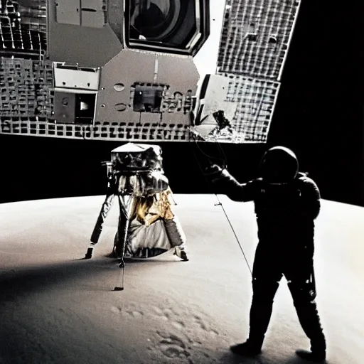 Nasa, filming a man on the moon in a large sound stage with a movie camera, lights, and a directors chair,1965, historic photograph, behind-the-scenes, hyper-realistic