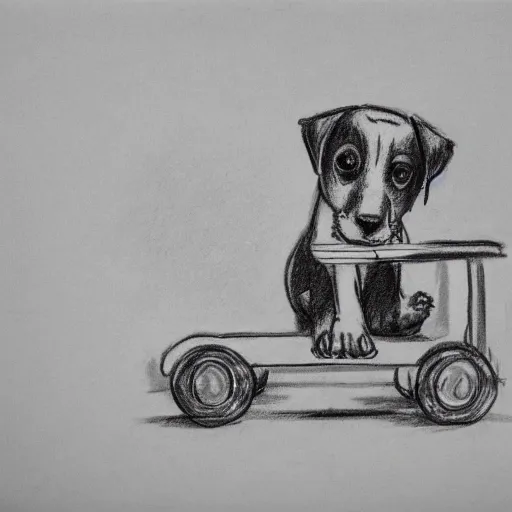 A disoriented puppy looking for a transfer service but absolutely no one stops to help him, waiting for a few minutes the exclusive service of (((Foots on wheels))) arrives and they take him home, Pencil Sketch