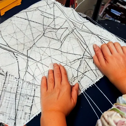 human hands sewing a fabric map