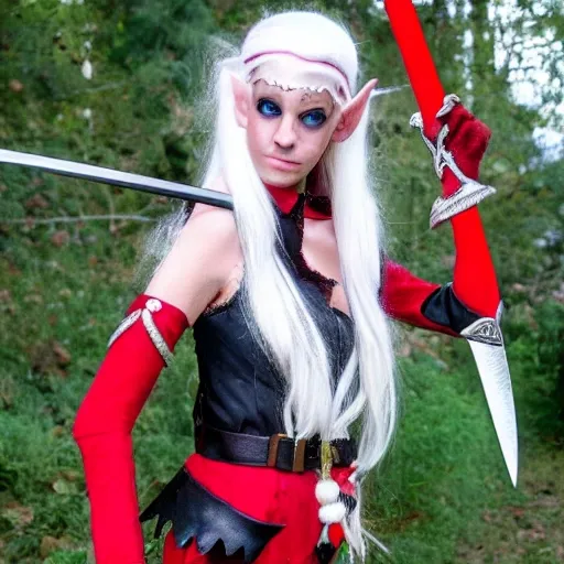 adult elf, black face, red eyes, white hair, with a sword in the hand