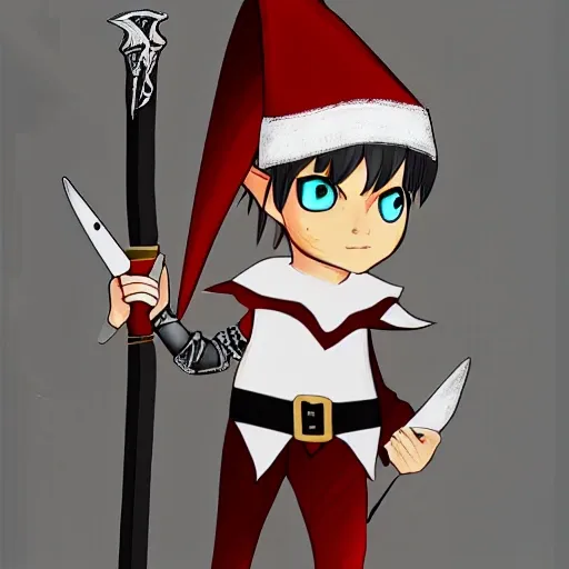 adult elf, black face, red eyes, white hair, with a sword in the hand, anime