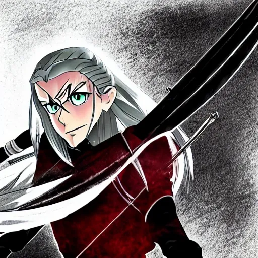 LEgolas, red eyes, white hair, with a sword in the hand, anime, Cartoon