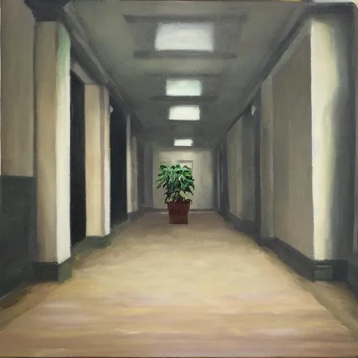 an empty hallway, full of house plants and people, oil on canvas 