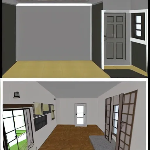 Generate a floor plan for a house where, on the right side and above, there will be a small laundry room that is 1/5 the size of the kitchen, which will be located on the left side of the laundry room with an entryway to it.

Below the laundry room, I want a living room that is slightly longer than my kitchen and in a downward direction.

On the left side of this living room and below the kitchen, I want a space for my dining area that will have entrances to both the kitchen and living room.