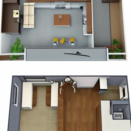 Generate a 2D floor plan for a house with the following layout:

On the right side and above, include a small laundry room that is 1/5 the size of the kitchen. The kitchen will be located on the left side of the laundry room, with an entryway connecting the two.
Below the laundry room, include a living room that is slightly longer than the kitchen and in a downward direction.
On the left side of the living room and below the kitchen, include a dining area that has entrances to both the kitchen and living room.
Please generate a clear and detailed 2D floor plan that represents the layout described above.