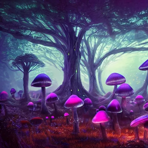 a professional movie photograph of, concept art painting of a fantasy alien fungal landscape at night, with glowing blue lights, glowing blue mushrooms, dark purple sky, realistic, detailed, cel shaded, in the style of makoto shinkai and greg rutkowski and albert bierstadt and james gurney, sharp focus photo, uhd, hdr, professionally color graded, perfectly shaded, analog photo, high quality, highres, detail enhancement, 8k, high resolution scan, (photo by nikon d800, 50mm zeiss lens), spotlight, Trippy