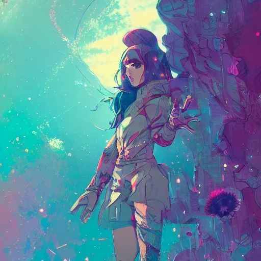 space girl| standing alone on hill| centered| detailed gorgeous face| anime style| key visual| intricate detail| highly detailed| breathtaking| vibrant| panoramic| cinematic| Carne Griffiths| Conrad Roset| ghibli, Trippy