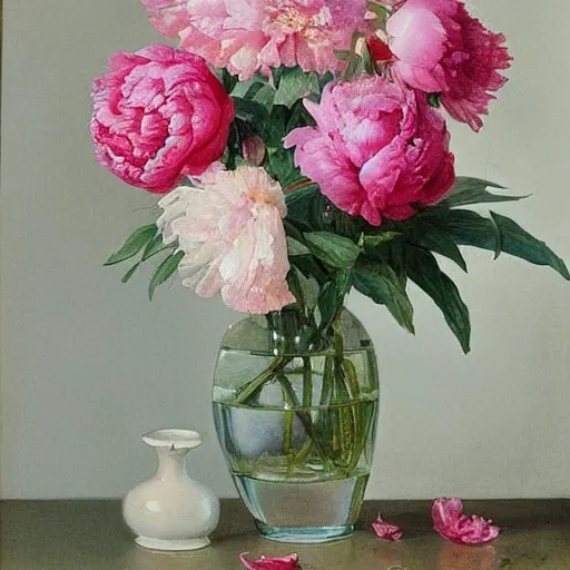 gently pink peonies in a vase, still life, by Albert Williams, Water Color