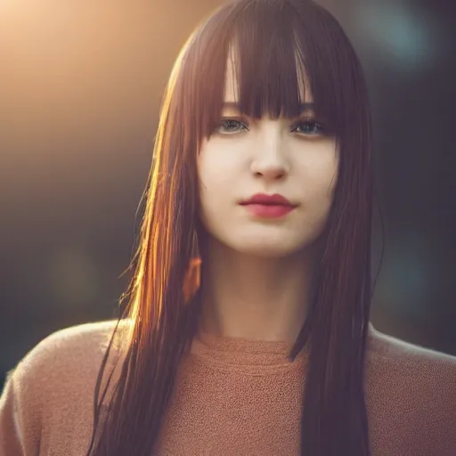portrait photo of a stylish beautiful girl in a future convenience store, asymmetric hair cut, cyberpunk aestethic, heavenly beauty, 8k, 50mm, f/1.4, high detail, sharp focus, cowboy shot, perfect anatomy, arms behind back, sunshine on her face, sunset, window side, Cartoon