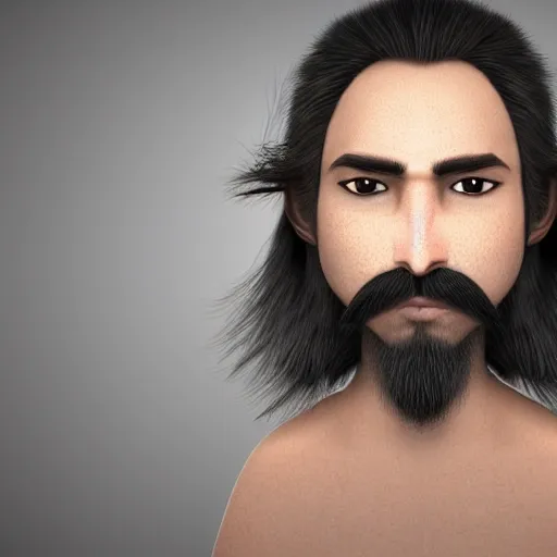 avatar of brown color, black eyes, with a beard, medium-long hair, 3D