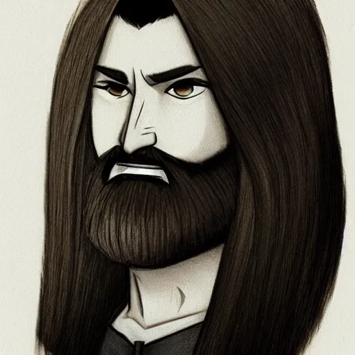 Dark-haired avatar, black eyes, with a beard, medium-long hair. The avatar will have emotions of pride, smiling, anxious, 3D, Pencil Sketch