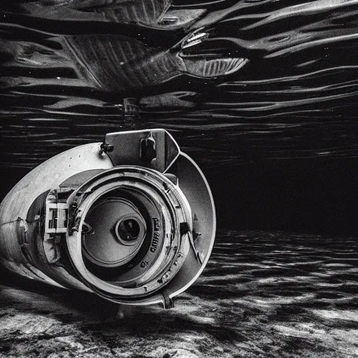 color photo of a submarine in the depths of the oceana breathtaking image of a submarine navigating the mysterious and dark depths of the ocean, the water a deep blue and the light filtering through in shafts, a feeling of exploration and wonder, captured with a Nikon Z6 II mirrorless camera, using Fujifilm Acros 100 black and white film and a 24mm lens, shot with a low aperture to convey the sense of depth and scale