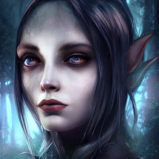 dark forest, female elf, closeup profile portrait ChromaV5, clear eyes, award winning photography, extremely detailed, artstation, 8 k, incredible art