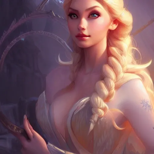 Elsa, d & d, fantasy, intricate, elegant, highly detailed, digital painting, artstation, concept art, matte, sharp focus, illustration, hearthstone, art by artgerm and greg rutkowski and alphonse mucha, 8k