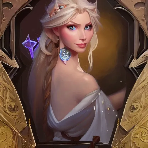 Elsa, d & d, fantasy, intricate, elegant, highly detailed, digital painting, artstation, concept art, matte, sharp focus, illustration, hearthstone, art by artgerm and greg rutkowski and alphonse mucha, hdr 4k, 8k 