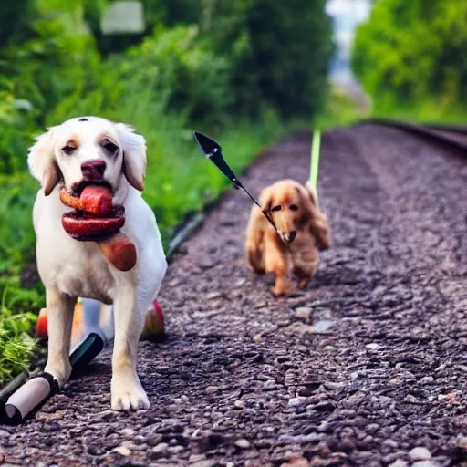 dog eating a hotdog while going for a walk on a traintrack - Arthub.ai