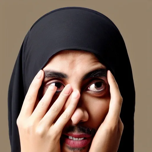 masterpiece, best quality,a muslim man with big eyes and a surprised look on her face, with her hand covering her mouth, black background 