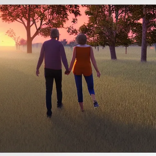 A man and a woman are walking towards us holding hands, the setting sun is setting, they look very gentle 3D, 8K.The facial expressions are rigid, abstract, and distorted; the limbs are uncoordinated; the body is deformed and the height ratio is uncoordinated; there are no fingers, and the color of the image is poor., 3D