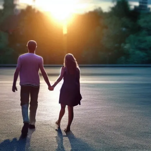 A man and a woman are walking towards us holding hands, the setting sun is setting, they look very gentle 3D, 8K.The facial expressions are rigid, abstract, and distorted; the limbs are uncoordinated; the body is deformed and the height ratio is uncoordinated; there are no fingers, and the color of the image is poor., 3D