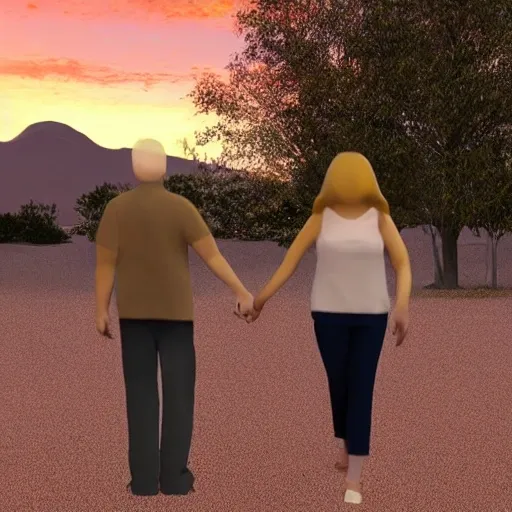 A man and a woman are walking towards us holding hands, the setting sun is setting, they look very gentle 3D, 8K.The facial expressions are rigid, abstract, and distorted; the limbs are uncoordinated; the body is deformed and the height ratio is uncoordinated; there are no fingers, and the color of the image is poor., 3D