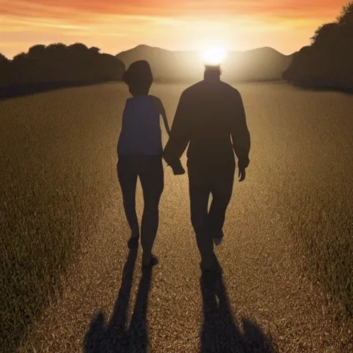 A man and a woman are walking towards us holding hands, the setting sun is setting, they look very gentle 3D, 8K.The facial expressions are rigid, abstract, and distorted; the limbs are uncoordinated; the body is deformed and the height ratio is uncoordinated; there are no fingers, and the color of the image is poor., 3D