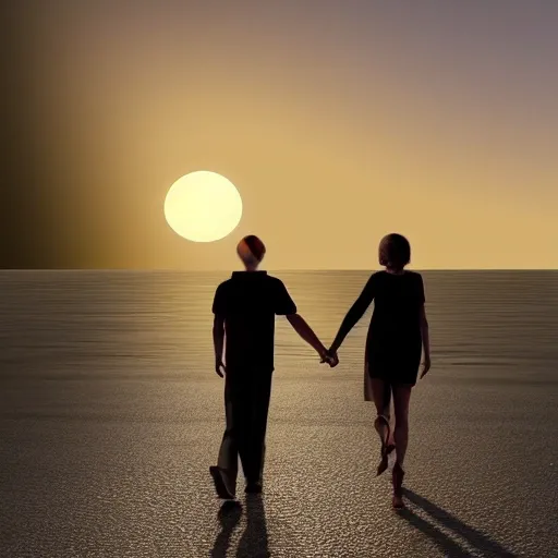 A man and a woman are walking towards us holding hands, the setting sun is setting, they look very gentle 3D, 8K.The facial expressions are rigid, abstract, and distorted; the limbs are uncoordinated; the body is deformed and the height ratio is uncoordinated; there are no fingers, and the color of the image is poor., 3D