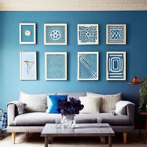 I need a living room wall designed of geometric design in light blue and white colour it has 