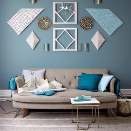 I need a living room wall designed of different triangls some in light blue and some in white colour 