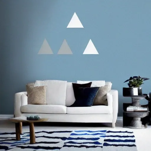 I need a living room wall designed of triangle geometric shape in light blue and white colour 