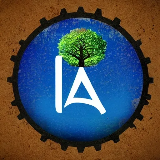 Text of the logo is GAIA with an tree inside a gear and the colors are blue