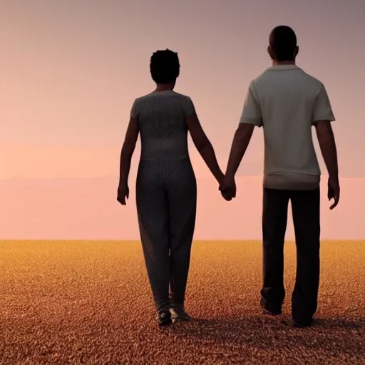 A man and a woman are walking towards us holding hands, the setting sun is setting, they look very gentle 3D, 8K.The facial expressions are rigid, abstract, and distorted; the limbs are uncoordinated; the body is deformed and the height ratio is uncoordinated; there are no fingers, and the color of the image is poor., 3D