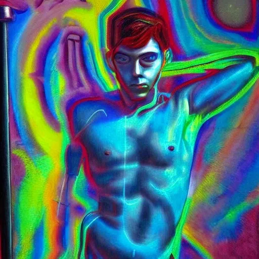 A young man in a naked cyberpunk, Trippy, Oil Painting