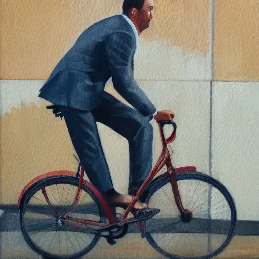 An american man in beige pants and a suit rides a bicycle to work, street, full body shot, profile shot, sound limbs,, Oil Painting