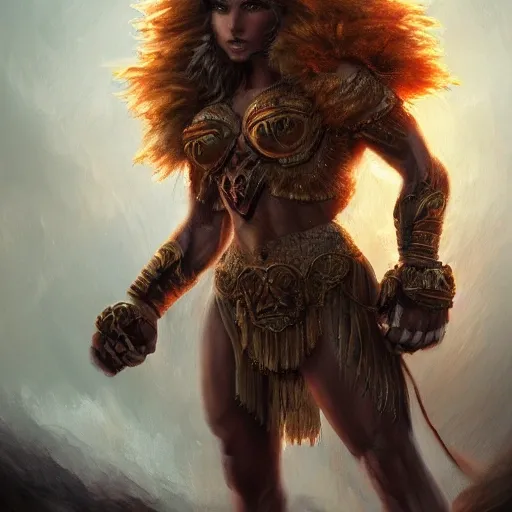 Femme Lion humanoid, fighter, highly detailed, hyperdetailed painting, complex, 8k, hd, perfect lighting, perfect composition, dreamlike, artstation, sharp focus, art illustration, tribal Muscular,  Manly fur clothes, young battle ready, arms crossed, Oil Painting