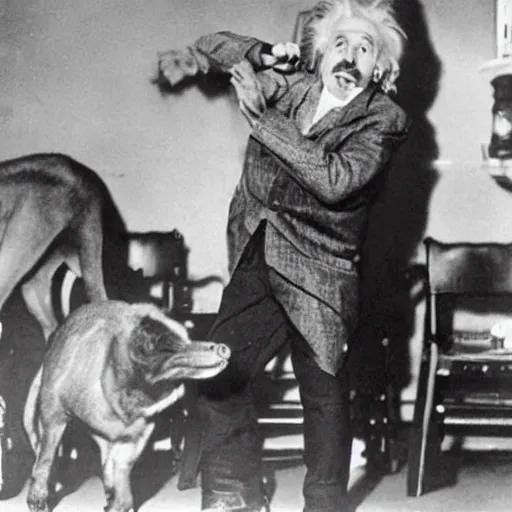 Einstein dancing in a saloon full of animals antropomorphized
